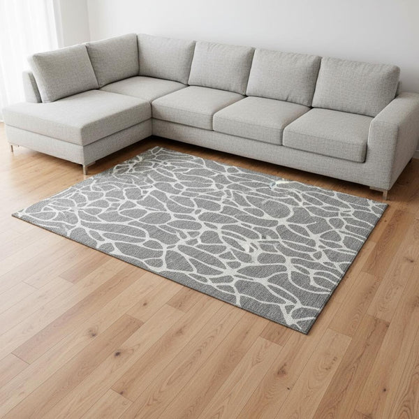 HomeRoots 10' X 14' Gray and Ivory Geometric Area Rug - Washable, UV-Protected, Perfect for Family Spaces! 680415