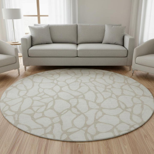 HomeRoots 8' Ivory and Beige Geometric Round Rug – Stylish, Washable, UV Protected for Modern Homes & Families 680418