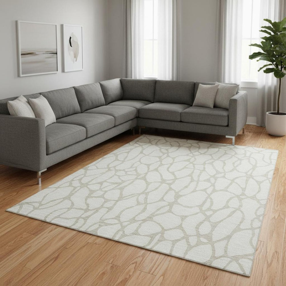 HomeRoots 9' X 12' Ivory Beige Geometric Area Rug – Washable, UV Protected, Durable & Stylish for Homes with Kids 680420