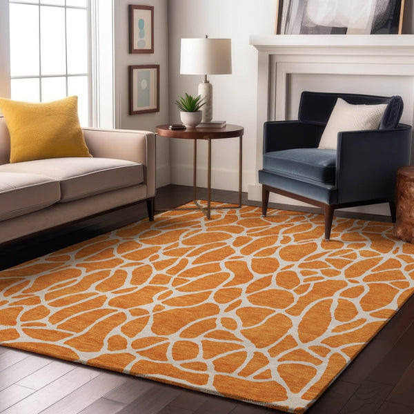 HomeRoots 5' X 8' Vibrant Orange and Ivory Geometric Area Rug - Washable, UV-Protected, Stylish & Durable 680423