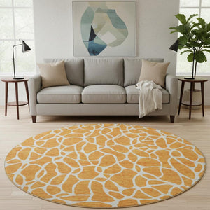 HomeRoots 8' Vibrant Orange and Ivory Geometric Washable Round Rug with UV Protection for Modern Homes 680424