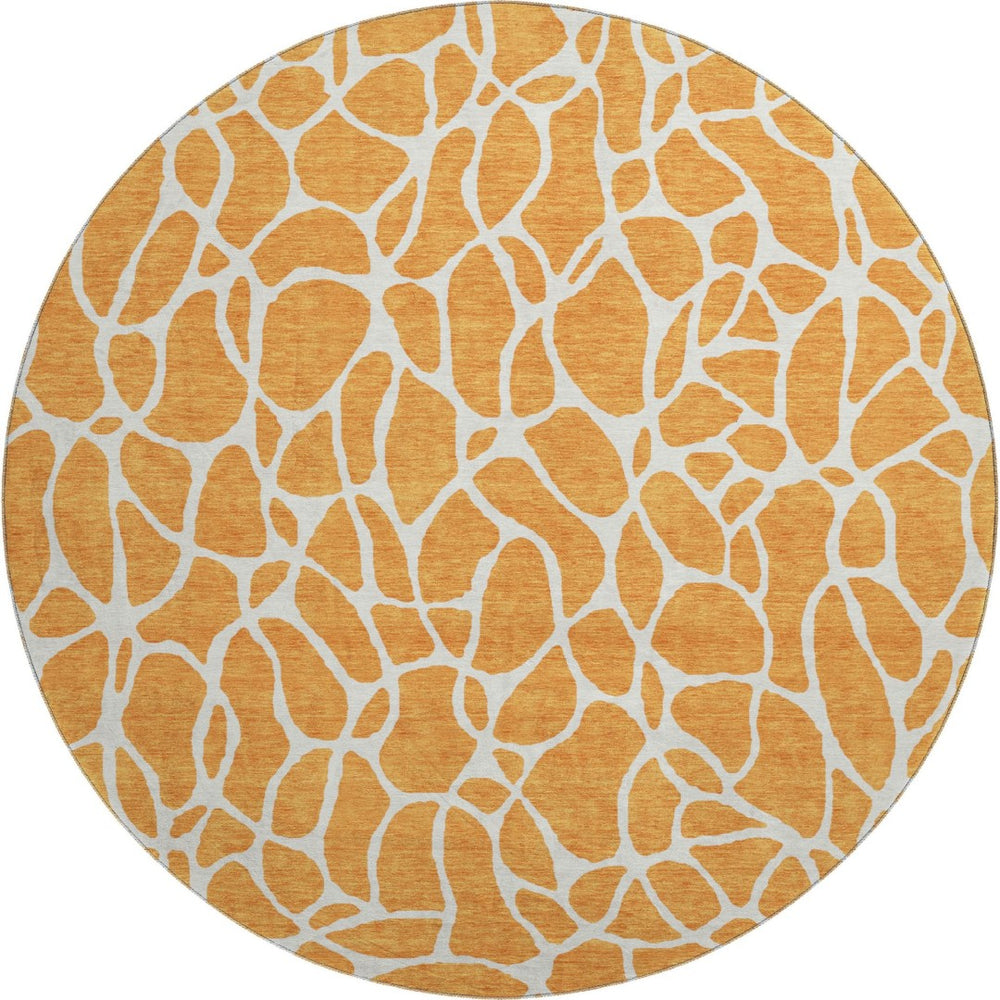 HomeRoots 8' Vibrant Orange and Ivory Geometric Washable Round Rug with UV Protection for Modern Homes 680424