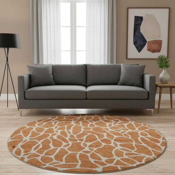 HomeRoots 8' Durable Rust and Ivory Geometric Round Rug - Washable, Stain-Resistant, UV-Protected Design 680430