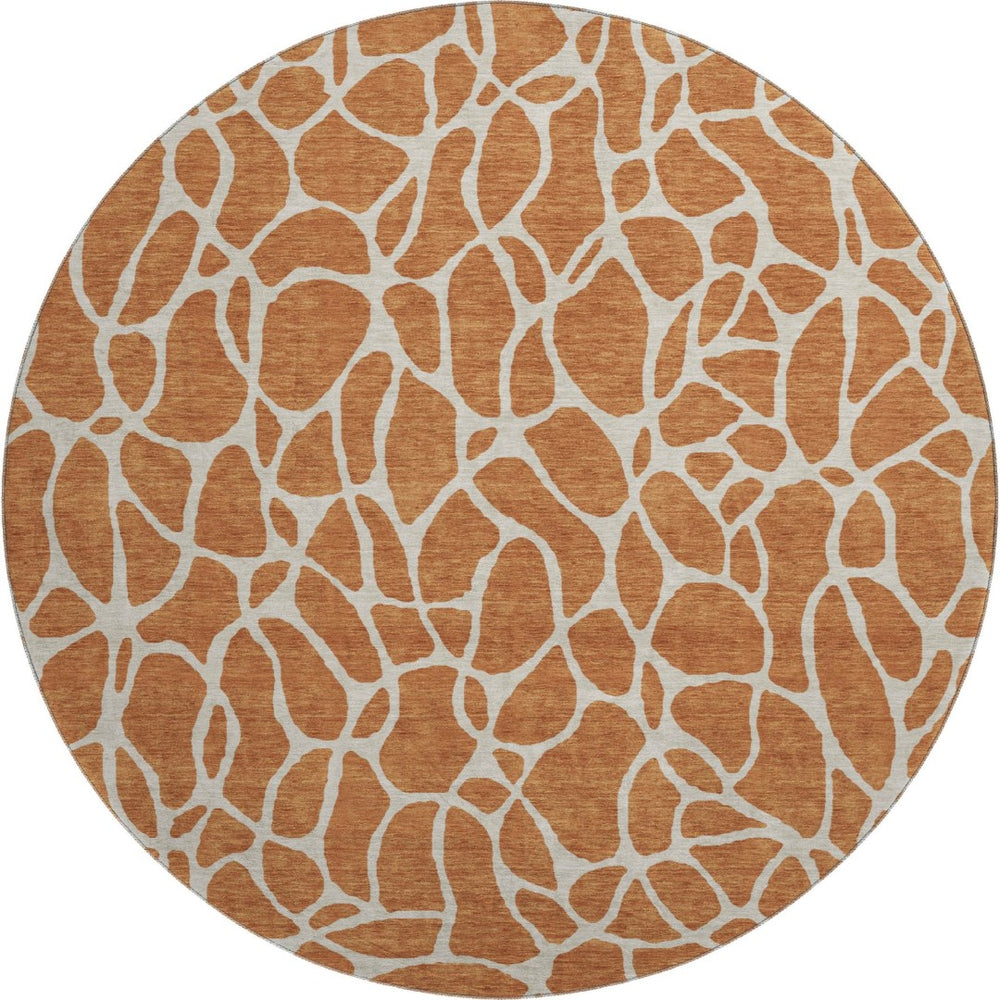 HomeRoots 8' Durable Rust and Ivory Geometric Round Rug - Washable, Stain-Resistant, UV-Protected Design 680430