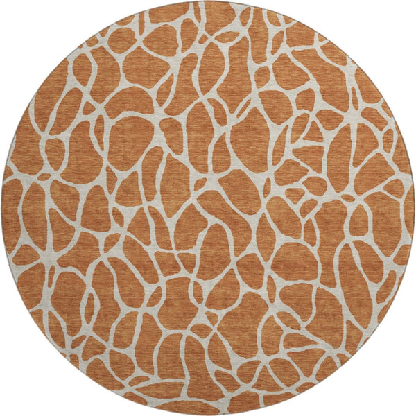 HomeRoots 8' Durable Rust and Ivory Geometric Round Rug - Washable, Stain-Resistant, UV-Protected Design 680430