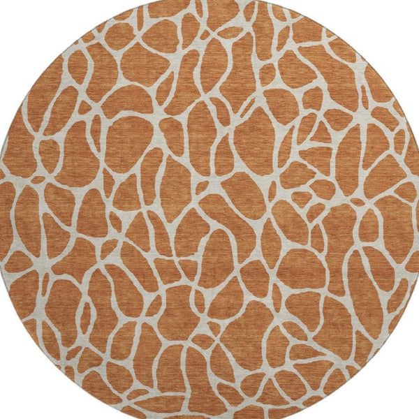 HomeRoots 8' Durable Rust and Ivory Geometric Round Rug - Washable, Stain-Resistant, UV-Protected Design 680430