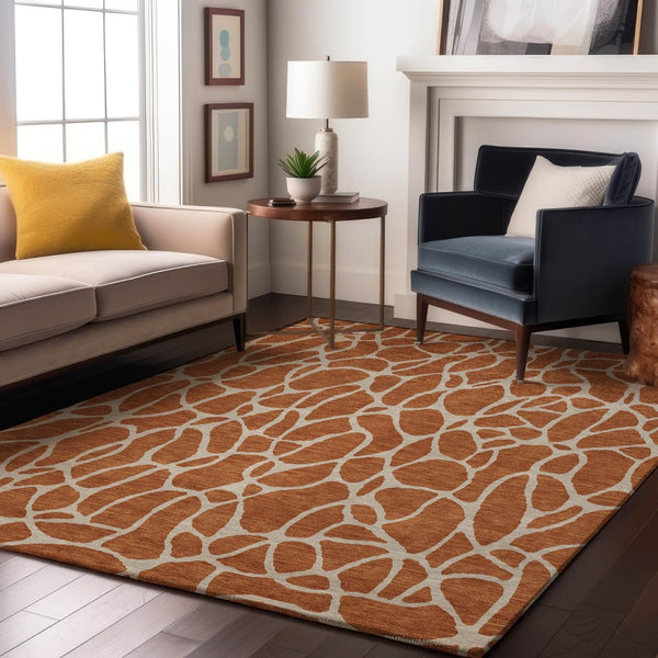HomeRoots 8' X 10' Geometric Washable Area Rug in Rust and Ivory - UV Protected, Stain Resistant, Durable Design 680431