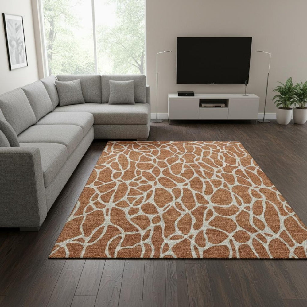 HomeRoots 9' X 12' Rust & Ivory Geometric Area Rug - Stain Resistant, UV Protected, Easy-Care for Busy Homes 680432