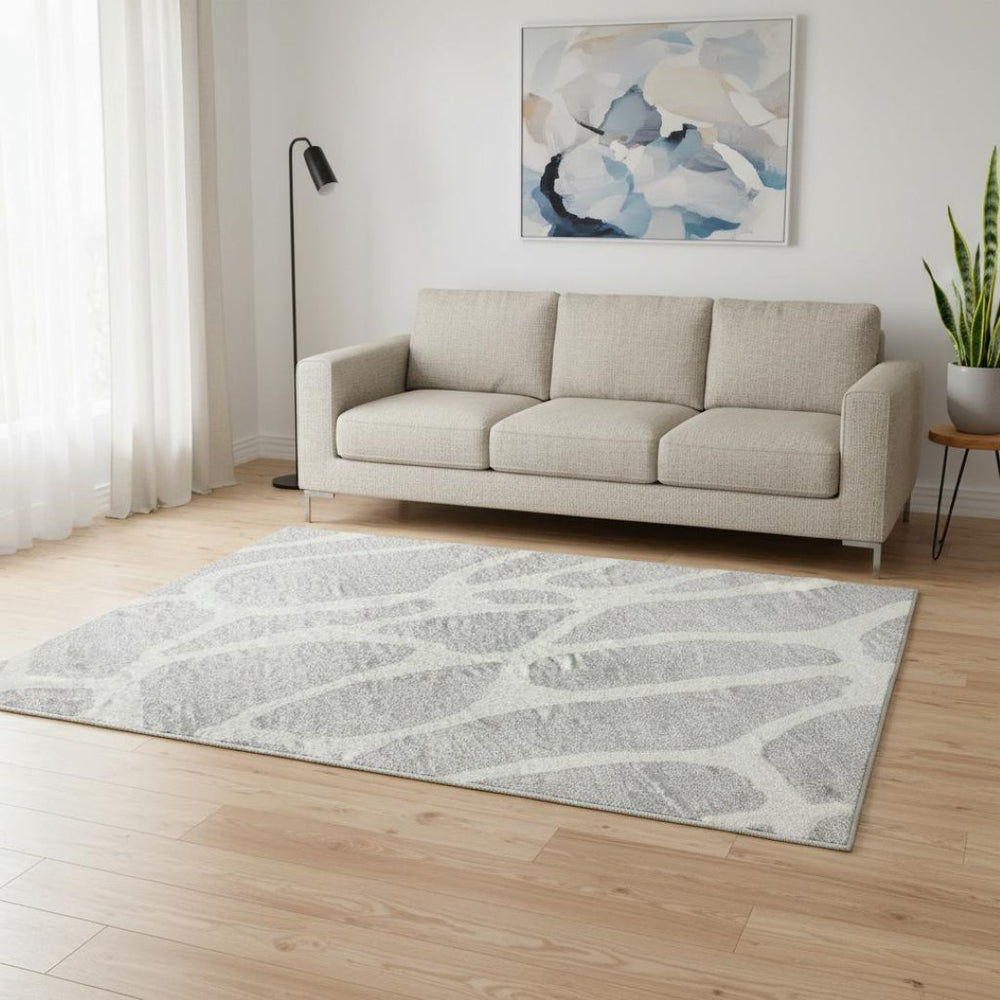 HomeRoots 5' X 8' Stylish Silver and Ivory Geometric Washable Area Rug with UV Protection for Modern Homes 680435