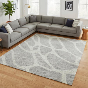 HomeRoots 9' X 12' Modern Silver and Ivory Geometric Washable Area Rug with UV Protection for High-Traffic Use 680438