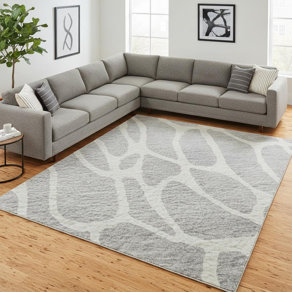 HomeRoots 10' X 14' Silver and Ivory Geometric Area Rug - Washable, UV Protected, Perfect for High-Traffic Spaces 680439