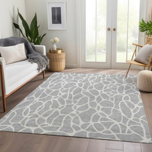 HomeRoots 10' X 14' Silver and Ivory Geometric Area Rug - Washable, UV Protected, Perfect for High-Traffic Spaces 680439