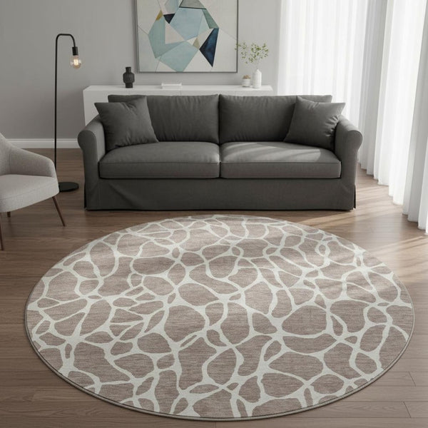 HomeRoots 8' Taupe and Ivory Geometric Round Rug - Washable, UV-Protected, Durable Design for Modern Spaces 680442