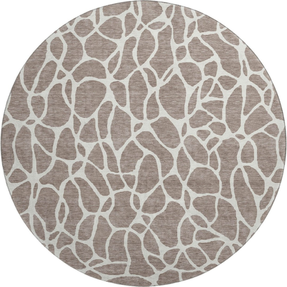 HomeRoots 8' Taupe and Ivory Geometric Round Rug - Washable, UV-Protected, Durable Design for Modern Spaces 680442