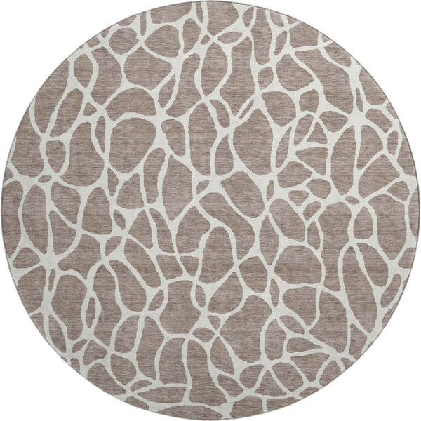 HomeRoots 8' Taupe and Ivory Geometric Round Rug - Washable, UV-Protected, Durable Design for Modern Spaces 680442