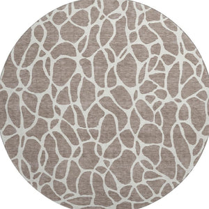 HomeRoots 8' Taupe and Ivory Geometric Round Rug - Washable, UV-Protected, Durable Design for Modern Spaces 680442