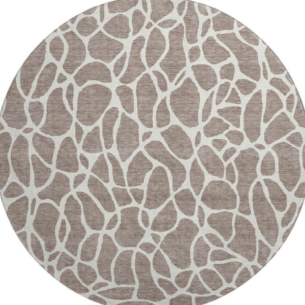 HomeRoots 8' Taupe and Ivory Geometric Round Rug - Washable, UV-Protected, Durable Design for Modern Spaces 680442