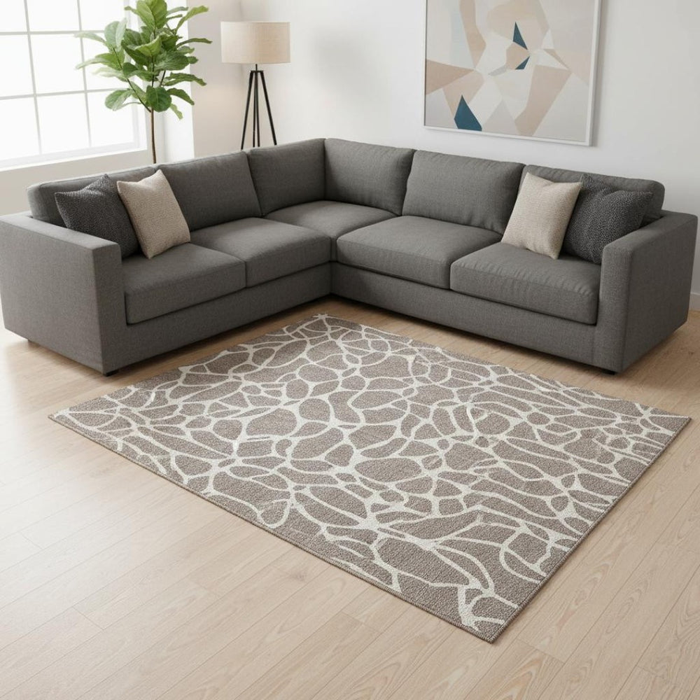 HomeRoots 8' X 10' Stylish Taupe & Ivory Geometric Area Rug - Washable, UV Protected, and Family-Friendly! 680443