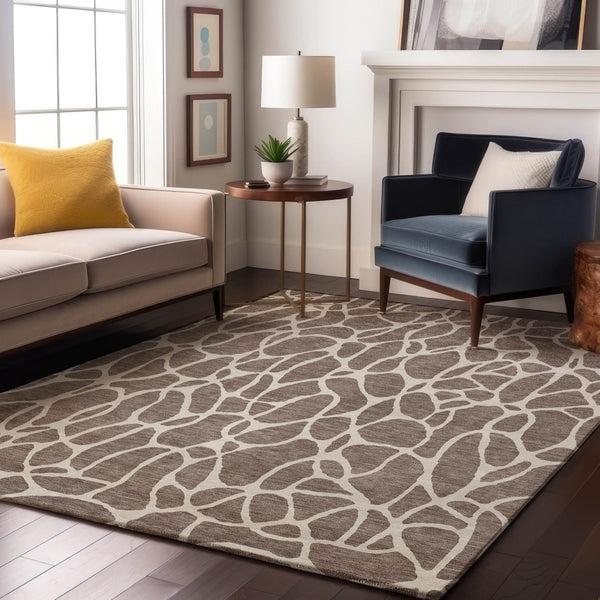 HomeRoots 10' X 14' Taupe & Ivory Geometric Area Rug – Durable, Washable, UV-Protected for Stylish Living Spaces 680445