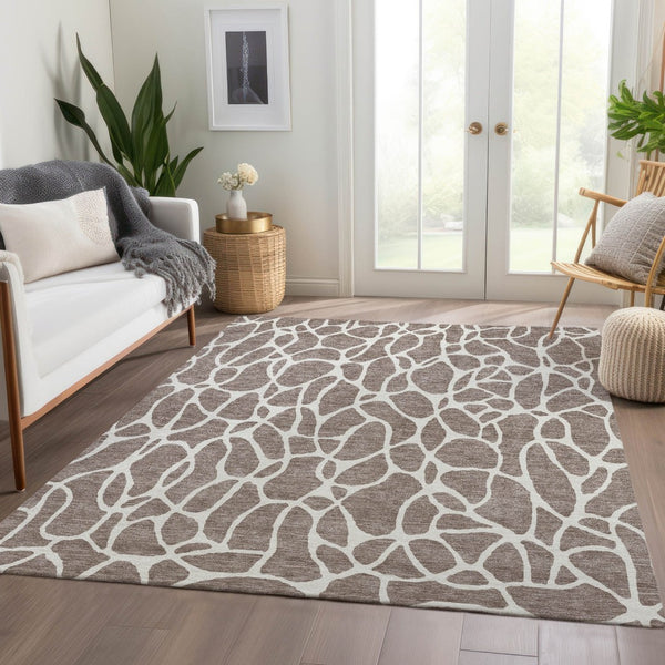 HomeRoots 10' X 14' Taupe & Ivory Geometric Area Rug – Durable, Washable, UV-Protected for Stylish Living Spaces 680445