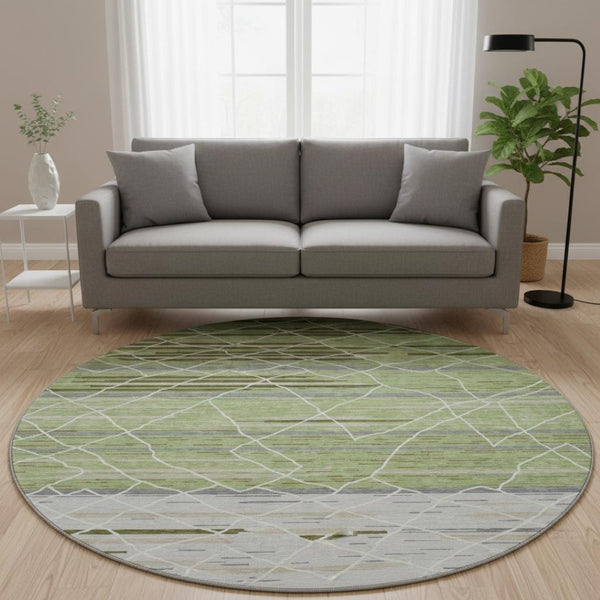 HomeRoots 8' Artichoke Green Striped Round Rug - Washable, UV-Protected, Durable, Perfect for Family Spaces! 680454