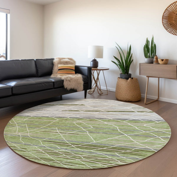 HomeRoots 8' Artichoke Green Striped Round Rug - Washable, UV-Protected, Durable, Perfect for Family Spaces! 680454