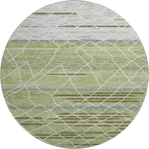HomeRoots 8' Artichoke Green Striped Round Rug - Washable, UV-Protected, Durable, Perfect for Family Spaces! 680454