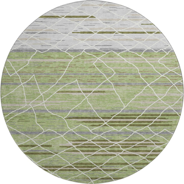 HomeRoots 8' Artichoke Green Striped Round Rug - Washable, UV-Protected, Durable, Perfect for Family Spaces! 680454