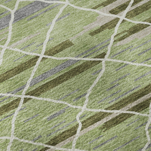 HomeRoots 8' Artichoke Green Striped Round Rug - Washable, UV-Protected, Durable, Perfect for Family Spaces! 680454