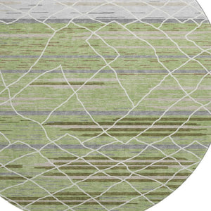 HomeRoots 8' Artichoke Green Striped Round Rug - Washable, UV-Protected, Durable, Perfect for Family Spaces! 680454