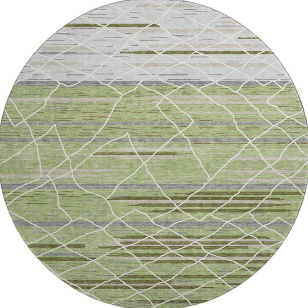 HomeRoots 8' Artichoke Green Striped Round Rug - Washable, UV-Protected, Durable, Perfect for Family Spaces! 680454