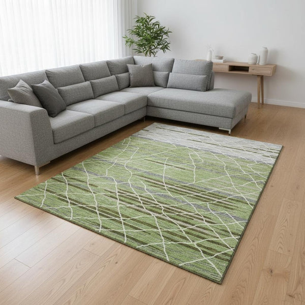 HomeRoots 9' X 12' Artichoke Green Ivory Gray Striped Washable Area Rug - UV Protected & Stain Resistant! 680456