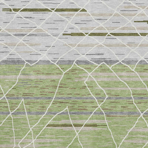 HomeRoots 9' X 12' Artichoke Green Ivory Gray Striped Washable Area Rug - UV Protected & Stain Resistant! 680456