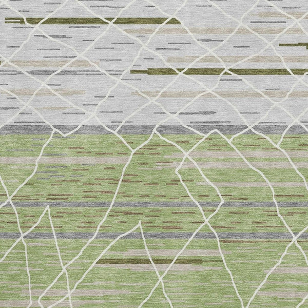 HomeRoots 9' X 12' Artichoke Green Ivory Gray Striped Washable Area Rug - UV Protected & Stain Resistant! 680456