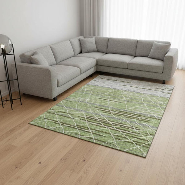 HomeRoots 10' Striped Washable Area Rug in Artichoke Green, Ivory & Gray – Durable, UV-Protected, Modern Design! 680457