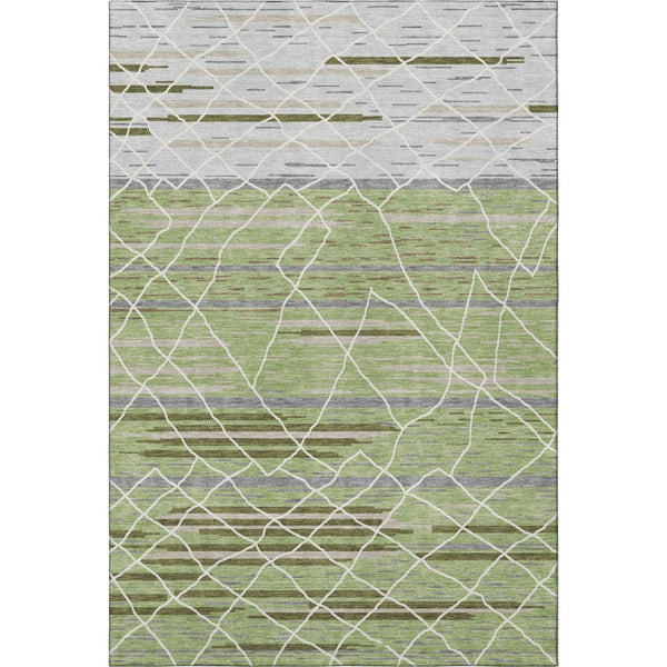 HomeRoots 10' Striped Washable Area Rug in Artichoke Green, Ivory & Gray – Durable, UV-Protected, Modern Design! 680457
