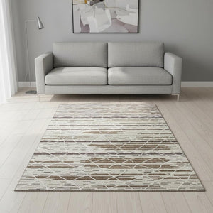 HomeRoots 5' X 8' Striped Washable Area Rug in Beige, Ivory & Brown - Durable, UV-Protected for Family Spaces 680459