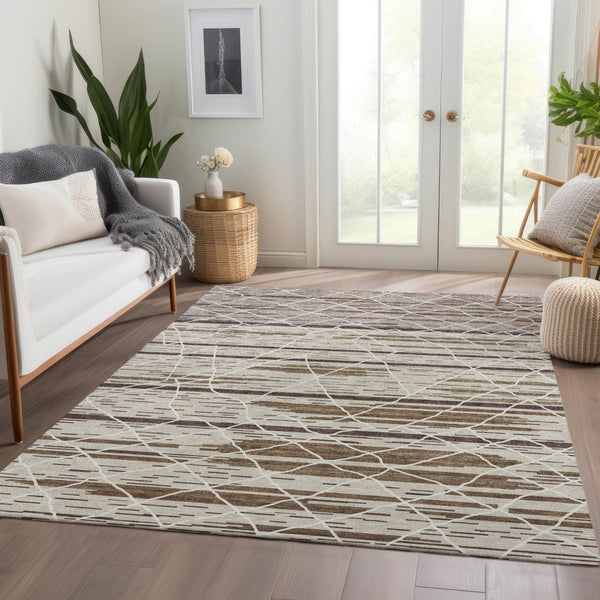 HomeRoots 5' X 8' Striped Washable Area Rug in Beige, Ivory & Brown - Durable, UV-Protected for Family Spaces 680459