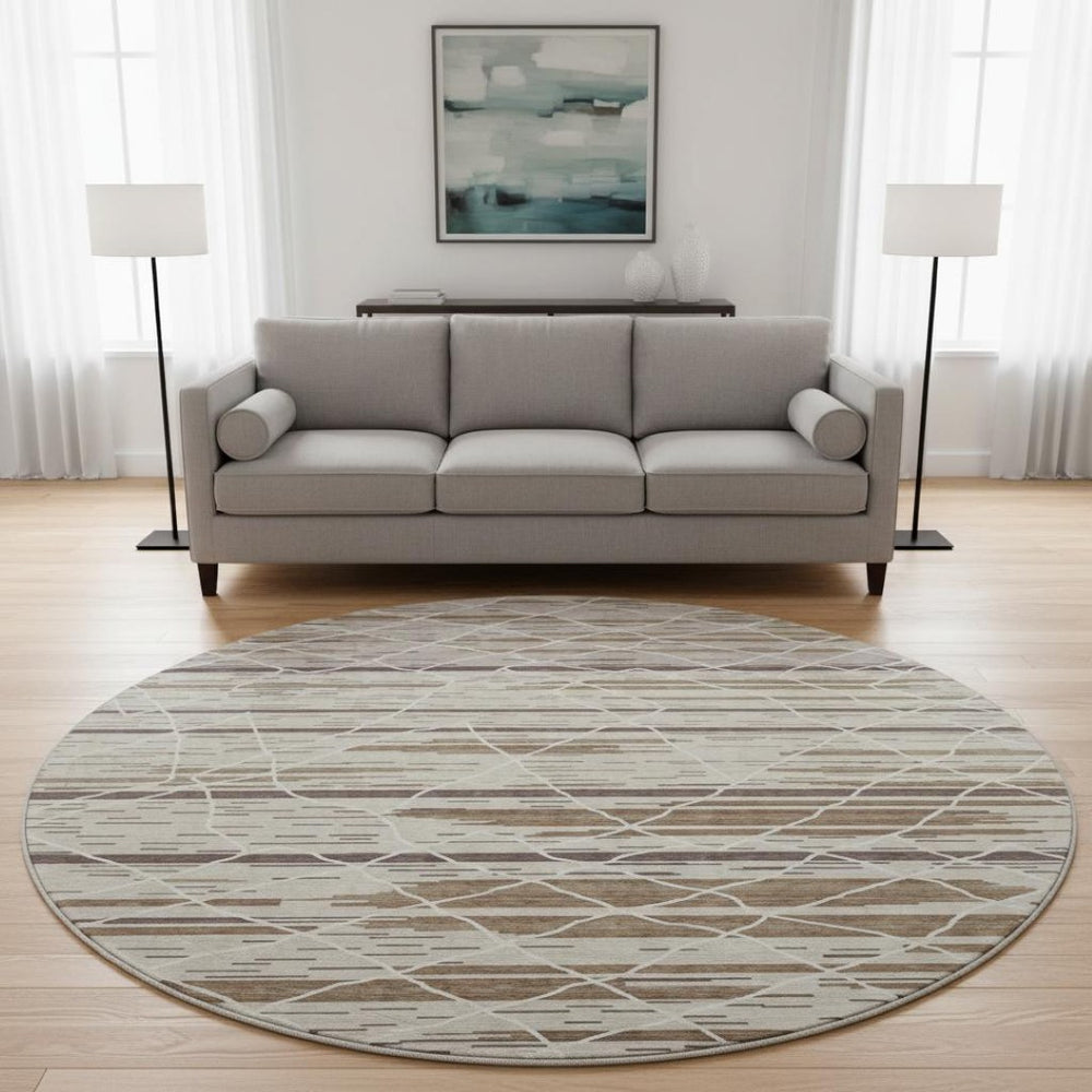 HomeRoots 8' Washable Round Rug in Beige, Ivory & Brown Stripes - Durable, UV-Protected, Stain Resistant Design 680460