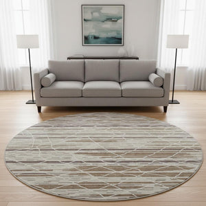 HomeRoots 8' Washable Round Rug in Beige, Ivory & Brown Stripes - Durable, UV-Protected, Stain Resistant Design 680460