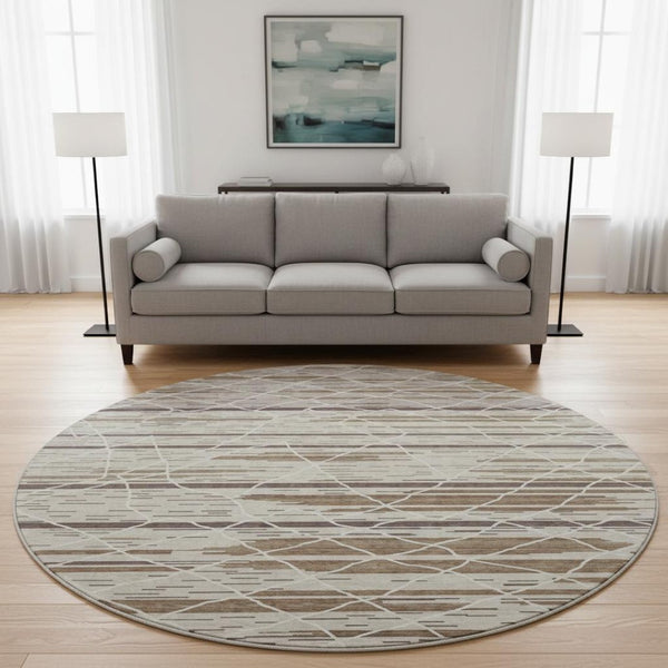 HomeRoots 8' Washable Round Rug in Beige, Ivory & Brown Stripes - Durable, UV-Protected, Stain Resistant Design 680460