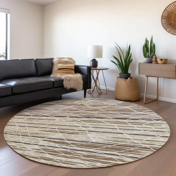 HomeRoots 8' Washable Round Rug in Beige, Ivory & Brown Stripes - Durable, UV-Protected, Stain Resistant Design 680460