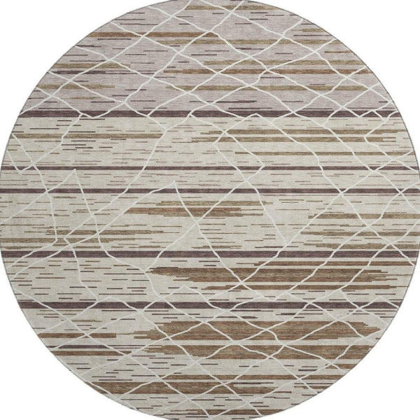 HomeRoots 8' Washable Round Rug in Beige, Ivory & Brown Stripes - Durable, UV-Protected, Stain Resistant Design 680460