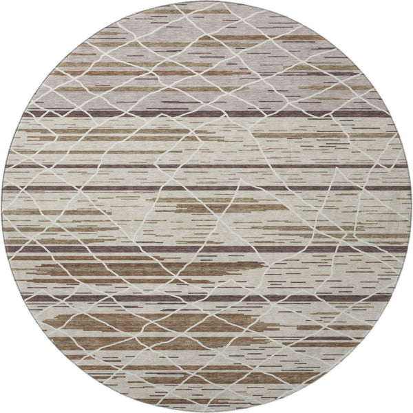 HomeRoots 8' Washable Round Rug in Beige, Ivory & Brown Stripes - Durable, UV-Protected, Stain Resistant Design 680460