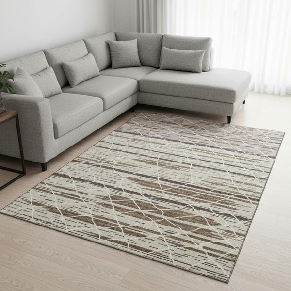 HomeRoots 8' X 10' Beige Ivory Brown Striped Area Rug - Washable, UV Protected, Durable for High-Traffic Homes 680461