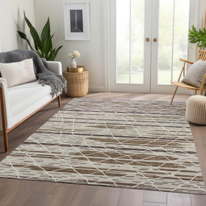 HomeRoots 8' X 10' Beige Ivory Brown Striped Area Rug - Washable, UV Protected, Durable for High-Traffic Homes 680461