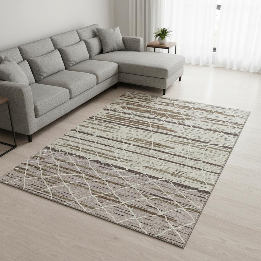 HomeRoots 9' X 12' Beige, Ivory & Brown Striped Washable Area Rug - Durable, UV-Protected for Family Spaces! 680462