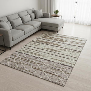 HomeRoots 9' X 12' Beige, Ivory & Brown Striped Washable Area Rug - Durable, UV-Protected for Family Spaces! 680462