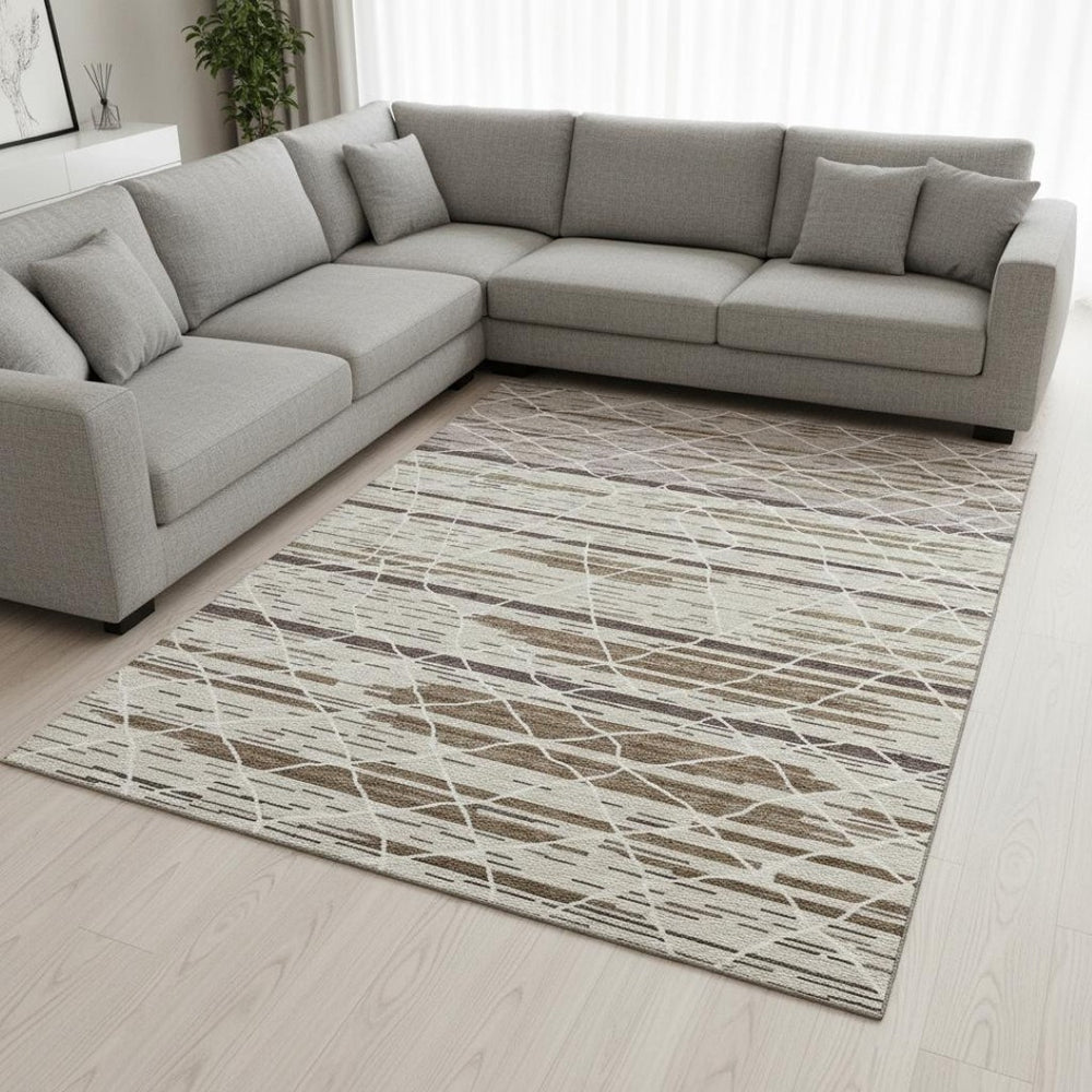 HomeRoots 10' Striped Washable Area Rug in Beige, Ivory & Brown - Durable, UV Protected for Busy Homes! 680463