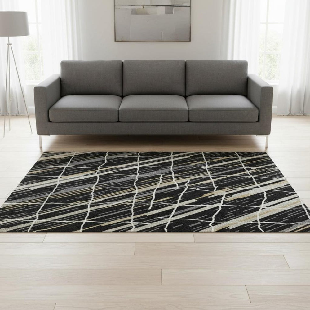 HomeRoots 5' X 8' Striped Area Rug in Black, Gold & Ivory - Durable, Washable, UV-Protected for Modern Homes 680465